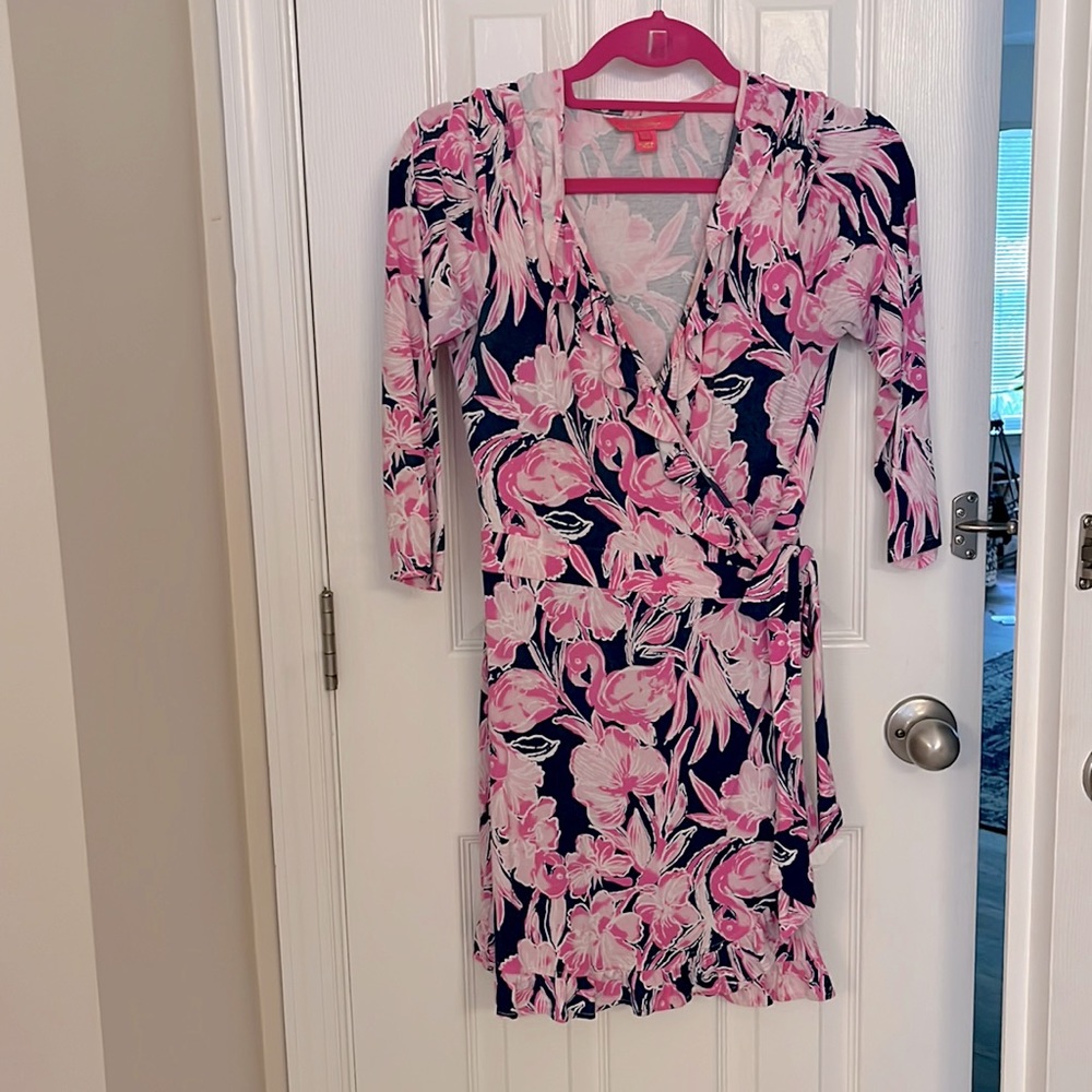 Navy and pink 3/4 sleeve wrap Lilly Pulitzer romper